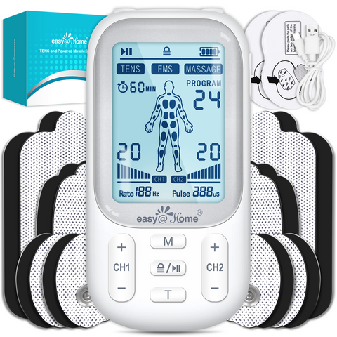 Easy@Home Electronic TENS Unit: Pain Relief Therapy - EMS Pulse Massager Rechargeable Machine - Dual Channel 24 Modes 20 Intensities 16 Pads TENS and Powered Muscle Stimulator EHE020