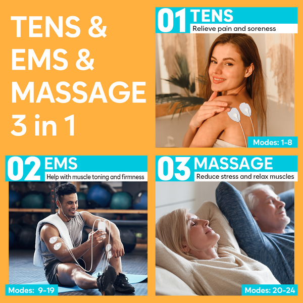 Easy@Home Electronic TENS Unit: Pain Relief Therapy - EMS Pulse Massager Rechargeable Machine - Dual Channel 24 Modes 20 Intensities 16 Pads TENS and Powered Muscle Stimulator EHE020