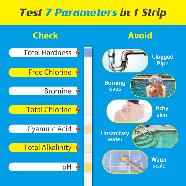 Easy@Home Pool Test Strips: 7-Way Spa Hot Tub Water Kit Instant Testing Ph Hardness Free Chlorine Bromine Cyanuric Acid Alkalinity, 100 Tests, 50 Strips Bottle/Refill -#EZWQ-S:100P