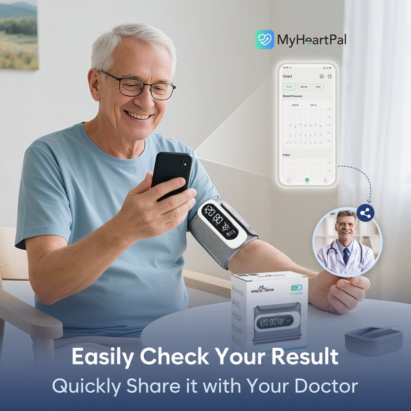 Bluetooth Wireless Blood Pressure Monitor for Home Use: Easy@Home Rechargeable BP Machine with Large Cuff, Free MyHeartPal App, One-Piece Design, Compact & Portable, iOS & Android Compatible, EBP-96B