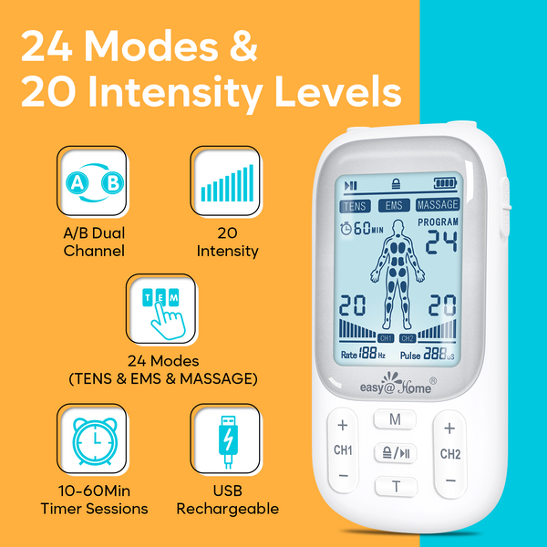 Easy@Home Electronic TENS Unit: Pain Relief Therapy - EMS Pulse Massager Rechargeable Machine - Dual Channel 24 Modes 20 Intensities 16 Pads TENS and Powered Muscle Stimulator EHE020