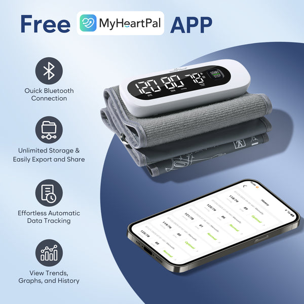 Bluetooth Wireless Blood Pressure Monitor for Home Use: Easy@Home Rechargeable BP Machine with Large Cuff, Free MyHeartPal App, One-Piece Design, Compact & Portable, iOS & Android Compatible, EBP-96B