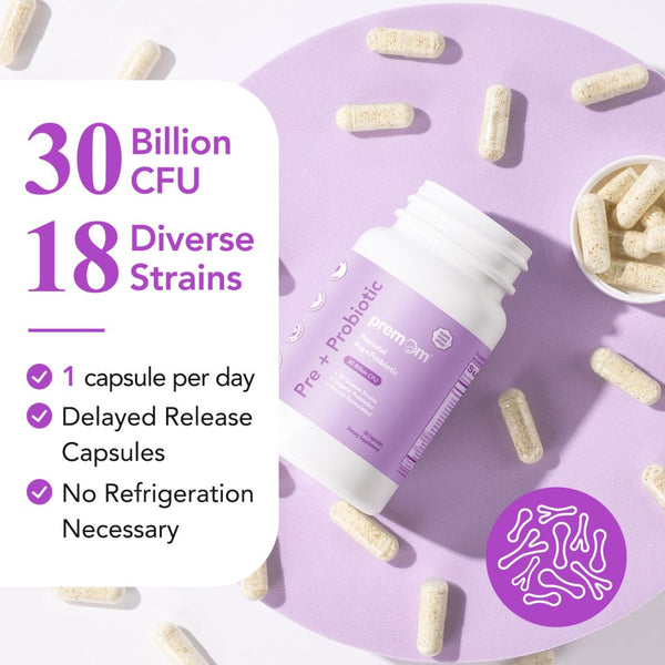 Premom Prenatal Pre & Probiotics for Women: Organic Prebiotics, 30 Billion CFU, 18 Diverse Strains