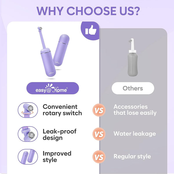 Portable Peri Bottle for Postpartum & Perineal Care: Easy@Home Handheld Bidet Perfect for Personal Hygiene Cleaning & Travel Friendly | 380ml Leakproof & Convenient Design | EPB-01 Purple