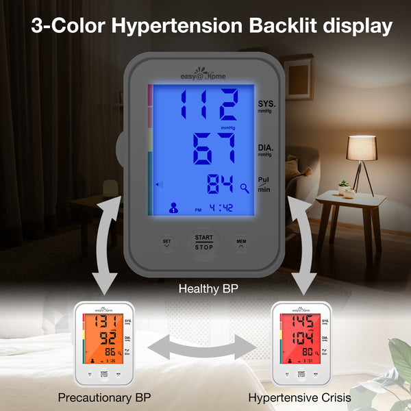 Large Cuff Easy@Home Digital Upper Arm Blood Pressure Monitor, 3-Color Hypertension Backlit Display & Pulse Meter-FDA Cleared for OTC, IHB Indicator, 2 User, FSA Eligible EBP-095L