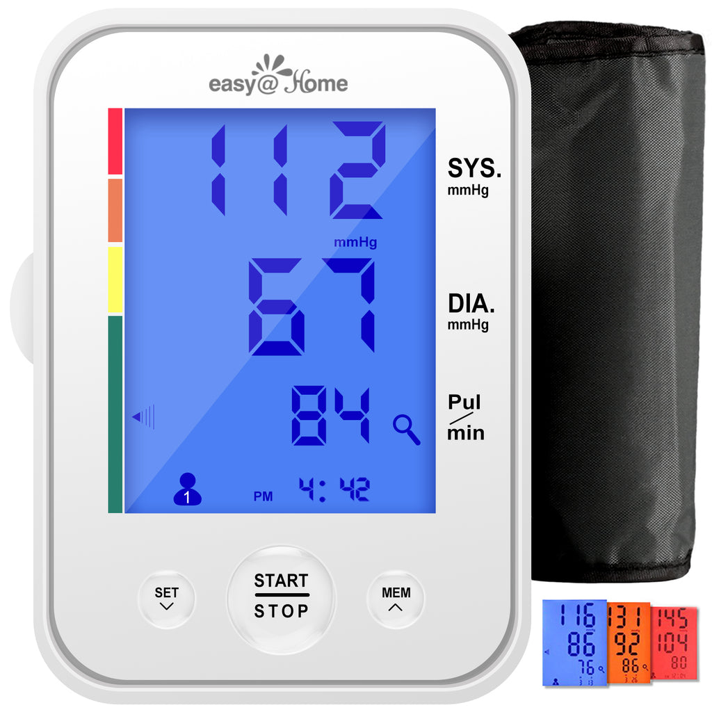 Large Cuff Easy@Home Digital Upper Arm Blood Pressure Monitor, 3-Color Hypertension Backlit Display & Pulse Meter-FDA Cleared for OTC, IHB Indicator, 2 User, FSA Eligible EBP-095L