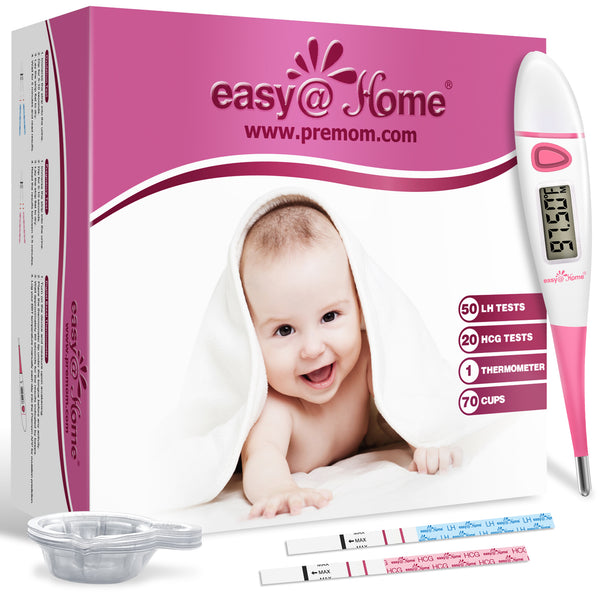 Easy@Home Ovulation Test Kit: 50 Ovulation Strips & 20 Early Pregnancy Tests & One Basal Body Thermometer & 70 Urine Cups