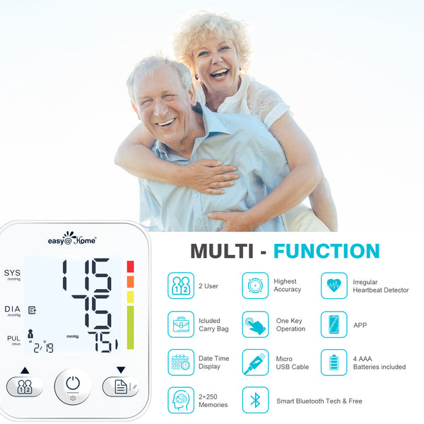 Large Cuff Blood Pressure Machine: Easy@Home Bluetooth Enabled Smart Automatic Upper Arm Cuff Bp Monitor | Unlimited Memory and Sharing | App for iOS & Android | EBP-08B