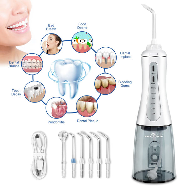 Water Dental Flosser Cordless for Teeth: Cordless Portable Easy@Home Oral Irrigator Cleaning 350ml with 5 Mode | 6 Jet Tips | Rechargeable IPX7 | Powerful Battery Life for Home Travel | EWF003