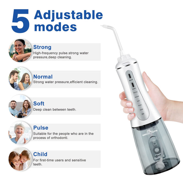 Water Dental Flosser Cordless for Teeth: Cordless Portable Easy@Home Oral Irrigator Cleaning 350ml with 5 Mode | 6 Jet Tips | Rechargeable IPX7 | Powerful Battery Life for Home Travel | EWF003