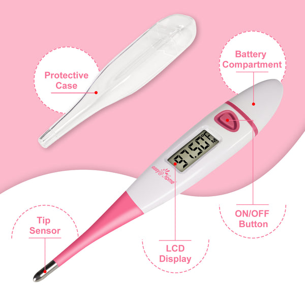 Easy@Home Basal Body Thermometer: BBT for Fertility Prediction with Memory Recall - Accurate Digital Basal Thermometer for Temperature Monitoring with Premom App - EBT-018 (Pink)