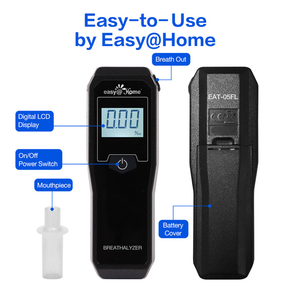 Easy@Home Breathalyzer, Professional-Grade Portable Fuel Cell Breath Alcohol Tester, Personal BAC Level Tracker Color Backlit Digital Notifications, 5 mouthpieces EAT-05FL