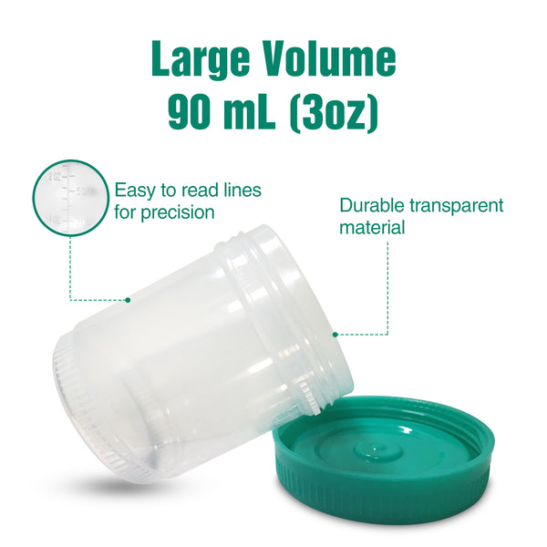 Easy@Home Quality Sterile Urine Specimen Collection Cups with Lids- Large 90mL (3oz)