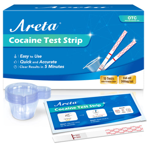 Areta Cocaine Test Strip: Highly Sensitive Cocaine Drug Test Strips, 15 Pack Cocaine Home Screen Testing Kit, 300 ng/mL Cutoff, Instant Results in 5 Min -#ASCOC-114