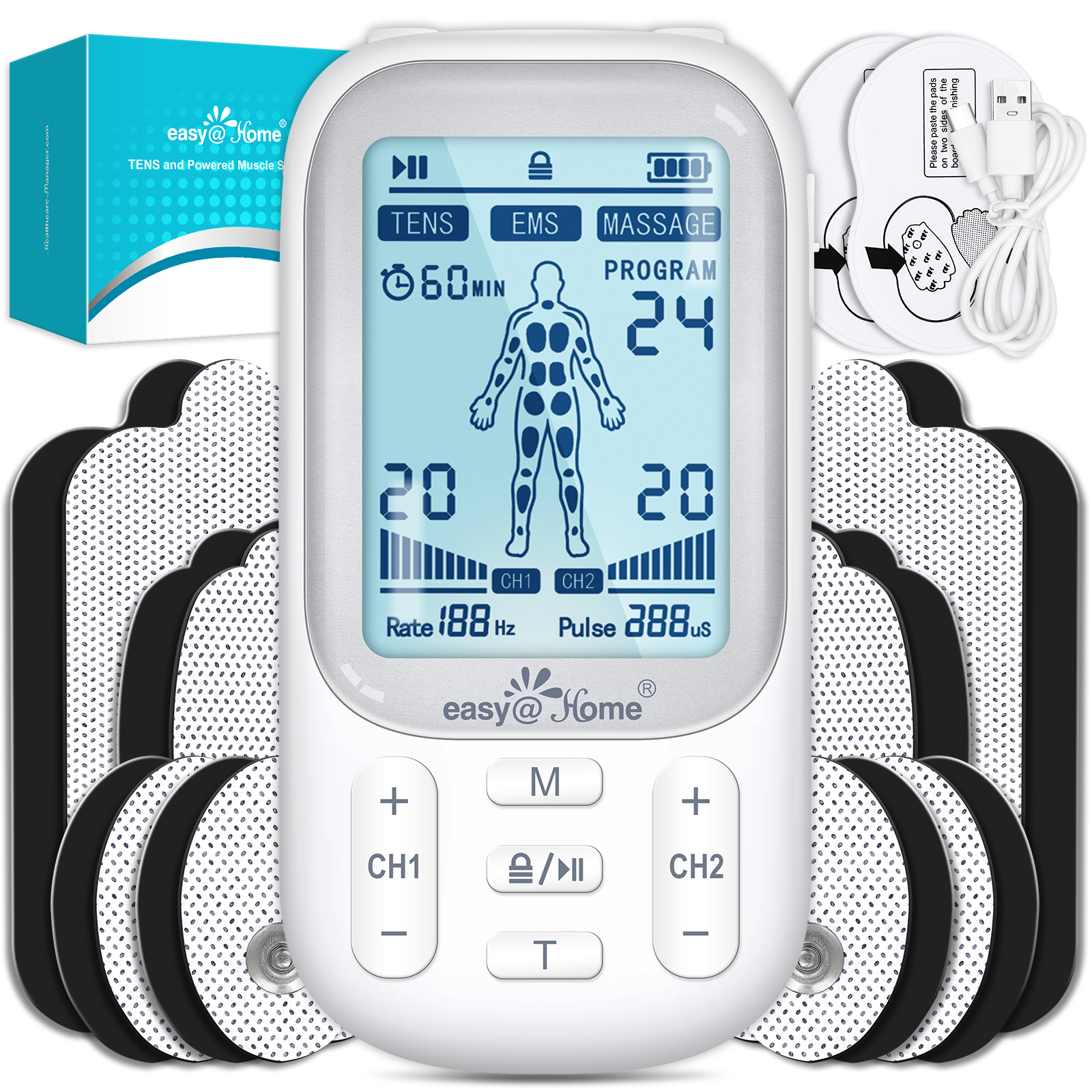Easy@Home Electronic Tens Unit: Pain Relief Therapy - EMS Pulse Massager Rechargeable Machine - Dual Channel 24 Modes 20 Intensities 16 Pads Tens