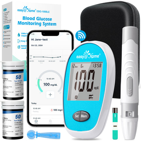 Easy@Home Wireless Glucose Monitor Kit - Blood Sugar Testing Kit with Free App GlucoseEase Includes 100 Glucometer Strips and 100 Blood Lancets, Large Display Diabetes Testing Kit