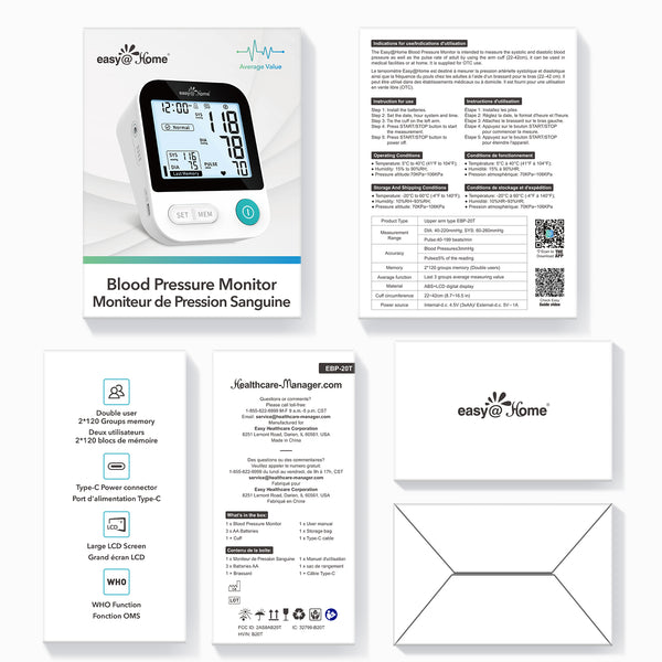 Blood Pressure Monitor for Home Use: Easy@Home Bluetooth BP Machine with Free MyHeartPal App, Digital Blood Pressure Machine with Large Backlit LCD Display, Fits 8.7–16.5 in Arms, EBP-20T