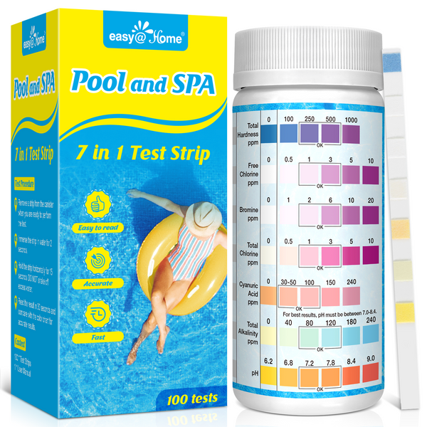 Easy@Home Pool Test Strips: 7-Way Spa Hot Tub Water Kit Instant Testing Ph Hardness Free Chlorine Bromine Cyanuric Acid Alkalinity, 100 Tests, 50 Strips Bottle/Refill -#EZWQ-S:100P
