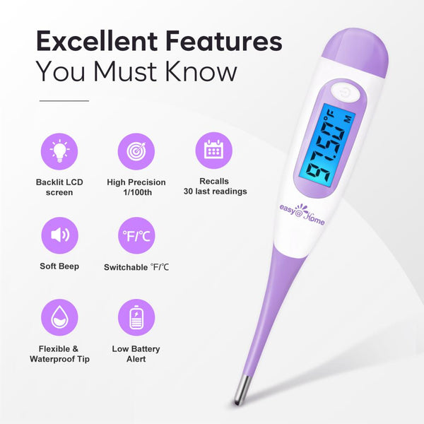 Easy@Home Digital Basal Thermometer with Large Backlight LCD Display, 1/100th Degree High Precision and Memory Recall, for Ovulation Tracking and Natural Family Planning,EBT-100B-P (Purple)