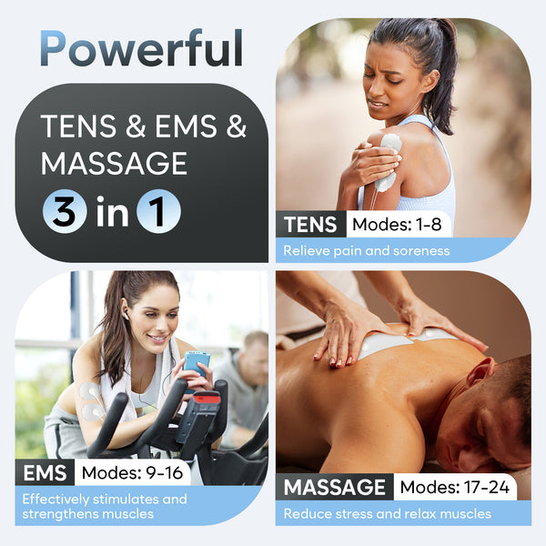 TENS Unit Muscle Stimulator Machine: Easy@Home Electric EMS Massager - Rechargeable Electronic Pulse Massager for Pain Relief Therapy - Dual Channel 24 Modes 10 Pads EHE080