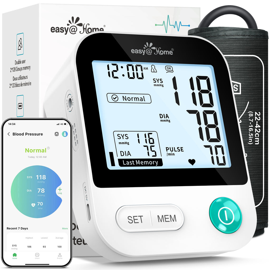 Blood Pressure Monitor for Home Use: Easy@Home Bluetooth BP Machine with Free MyHeartPal App, Digital Blood Pressure Machine with Large Backlit LCD Display, Fits 8.7–16.5 in Arms, EBP-20T