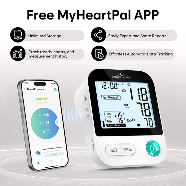 Blood Pressure Monitor for Home Use: Easy@Home Bluetooth BP Machine with Free MyHeartPal App, Digital Blood Pressure Machine with Large Backlit LCD Display, Fits 8.7–16.5 in Arms, EBP-20T