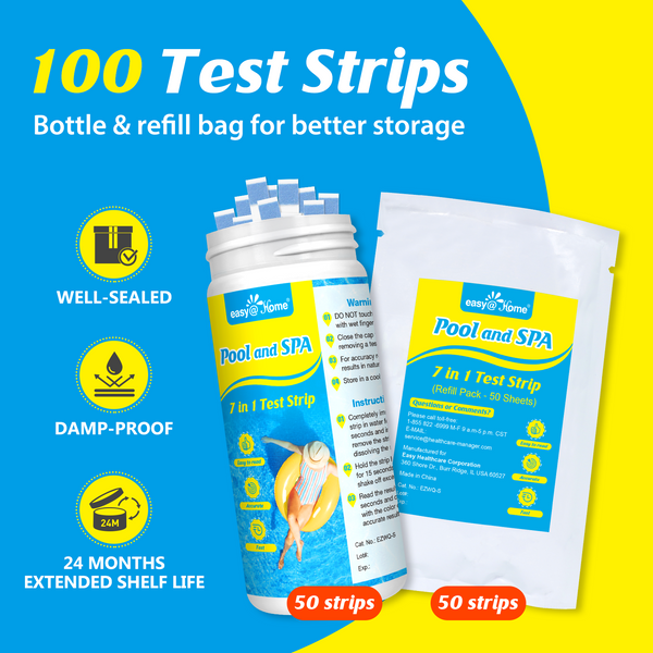 Easy@Home Pool Test Strips: 7-Way Spa Hot Tub Water Kit Instant Testing Ph Hardness Free Chlorine Bromine Cyanuric Acid Alkalinity, 100 Tests, 50 Strips Bottle/Refill -#EZWQ-S:100P