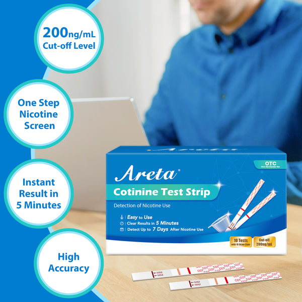 Areta Cotinine Test Strip: Nicotine Tests for Home Continine Urine Screen Test Kits Quick Result in 5 Minutes for Over The Counter Use -Detect 200ng/mL Cutoff Level - # ASCOT-114C (10 Pack)