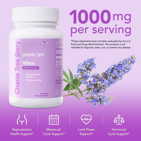 Premom Vitex, 1,000mg Per Serving, Vitex Chasteberry Supplement for Women, 2-in-1 with Fat Soluble Vitamin C, Hormone Balance, Fertility, Menstrual Cycle, & PMS Support*, Vegan, 60 Veggie Capsules