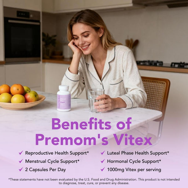 Premom Vitex, 1,000mg Per Serving, Vitex Chasteberry Supplement for Women, 2-in-1 with Fat Soluble Vitamin C, Hormone Balance, Fertility, Menstrual Cycle, & PMS Support*, Vegan, 60 Veggie Capsules