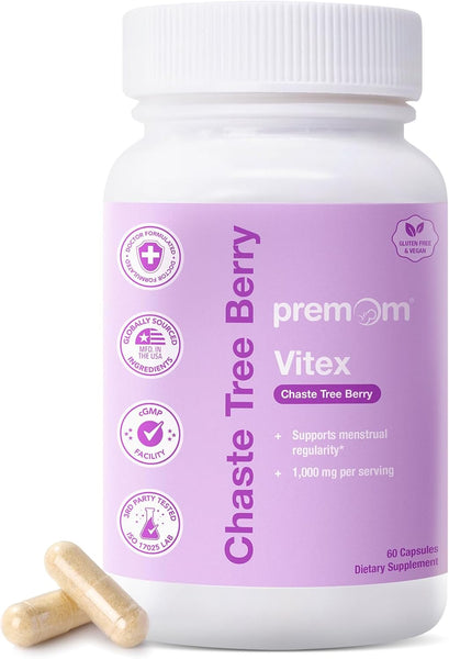 Premom Vitex, 1,000mg Per Serving, Vitex Chasteberry Supplement for Women, 2-in-1 with Fat Soluble Vitamin C, Hormone Balance, Fertility, Menstrual Cycle, & PMS Support*, Vegan, 60 Veggie Capsules