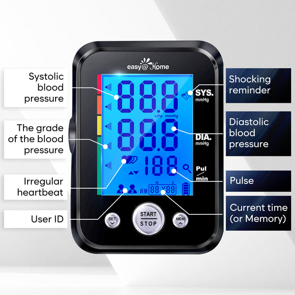 Blood Pressure Machine for Home Use: Easy@Home Accurate Cuff Automatic Blood Pressure Monitor - 3 Color Backlit Display 8.7”-16.5” Large Cuff Irregular Heartbeat Indicator Pulse Meter EBP-095 Black