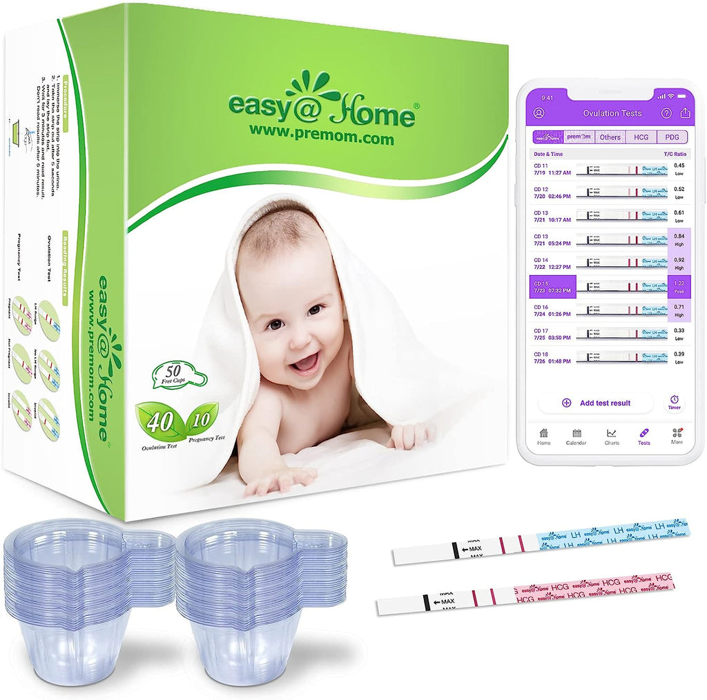 Easy@Home Ovulation & Pregnancy Test Strips Kit: 40 Ovulation Strips and 10 Pregnancy Tests– Accurate Fertility Tracker OPK - Powered by Premom Ovulation APP | 40LH + 10HCG + 50 Urine Cups