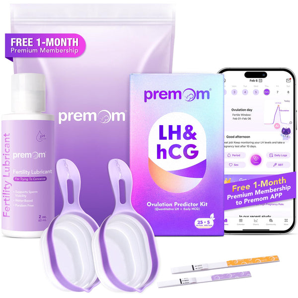 Premom Quantitative Ovulation & Pregnancy Test Kit with Sperm Friendly Fertility Gel: 25 LH + 5 HCG Strips + 2 Pee Cups + 2oz Fertility Gel | Accurate LH Tracking | pH Balanced | Works with Premom App
