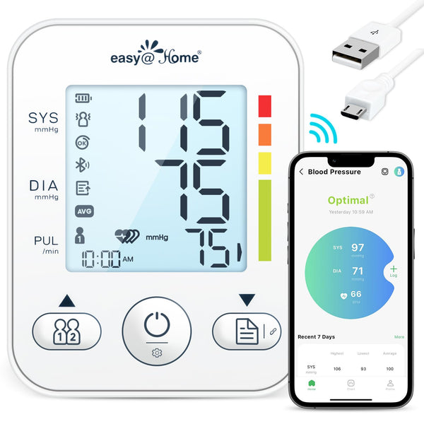 Easy@Home Bluetooth Upper Arm Blood Pressure Monitor with Backlit LCD Display, Adjustable Cuff, Kit with Storage Bag, Batteries, and USB Cable