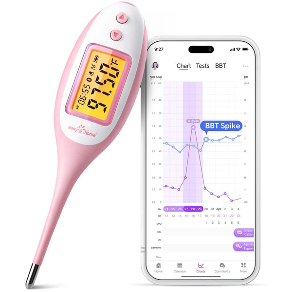 Easy@Home Bluetooth Basal Thermometer: Smart BBT for Ovulation with Large Backlit LCD Screen with Premom APP Support, Pink