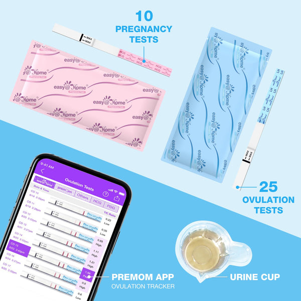 Easy@Home Ovulation & Pregnancy Test Strips Kit: 25 Ovulation Tests 10 Pregnancy Tests & 35 Large Urine Cups - Powered by Premom Ovulation APP | 25LH + 10HCG + 35 Urine Cups