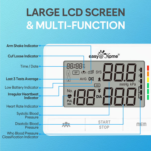 Easy@Home Blood Pressure Monitors for Home Use: Accurate Upper Arm BP Machine with Large Cuff | Automatic Tensiometre with Large LCD Display | 2 Users | Dual Power Supply | No Bluetooth