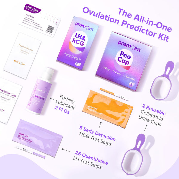 Premom Quantitative Ovulation & Pregnancy Test Kit with Sperm Friendly Fertility Gel: 25 LH + 5 HCG Strips + 2 Pee Cups + 2oz Fertility Gel | Accurate LH Tracking | pH Balanced | Works with Premom App