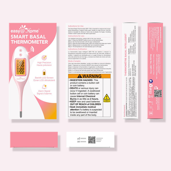 Easy@Home Bluetooth Basal Thermometer: Smart BBT for Ovulation with Large Backlit LCD Screen with Premom APP Support, Pink