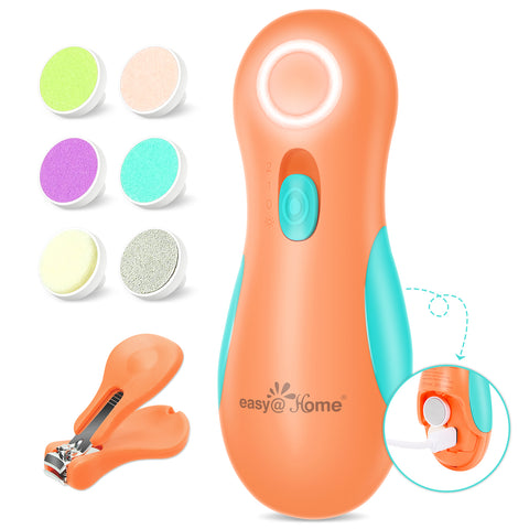 Electric Baby Nail File Trimmer: Easy@Home Safe Nail Clippers Kit - Baby Nail Clippers with 6 Grinding Heads and LED Light for Newborn Toddler Kids or Adults | Fingernails Care Trim ENT019