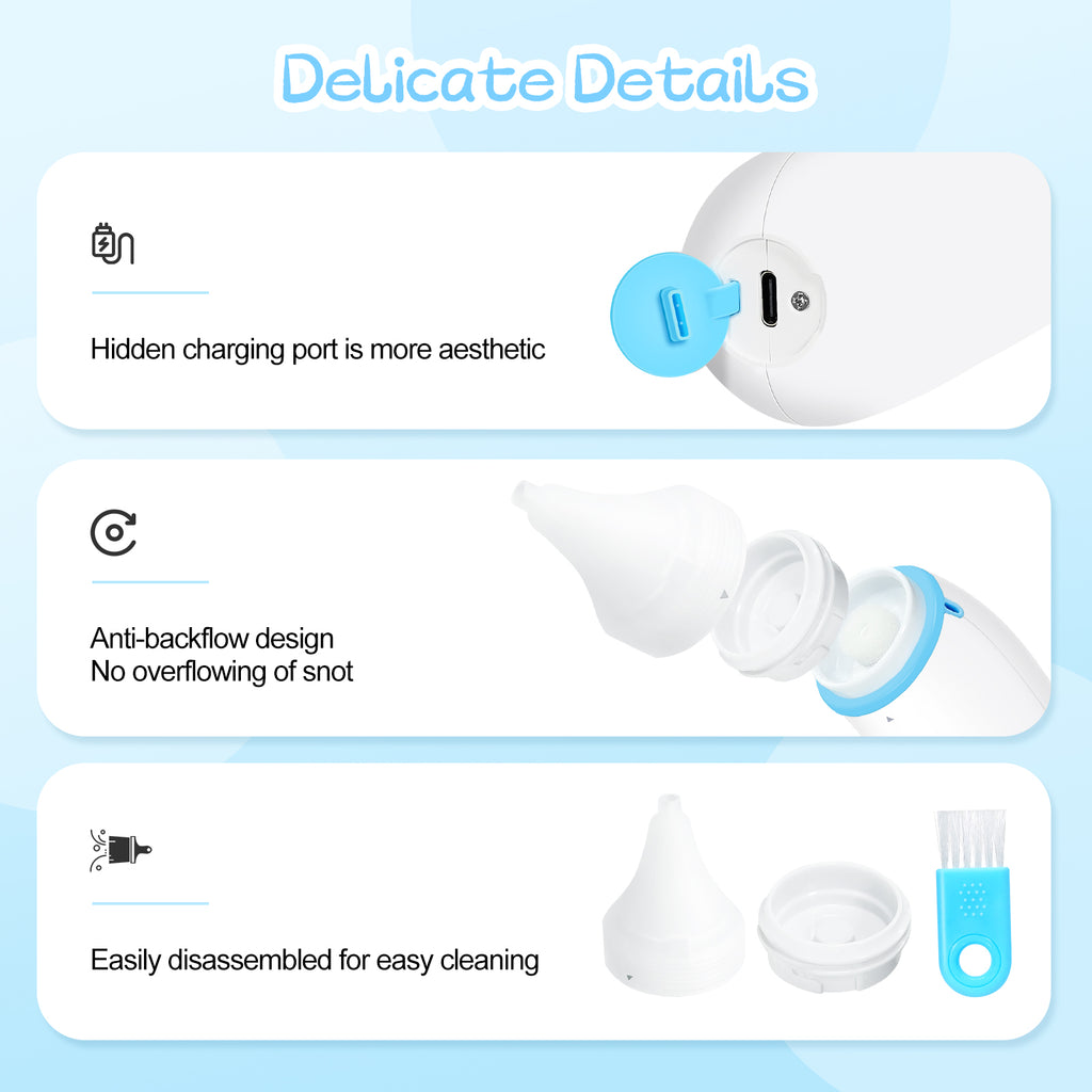 Nasal Aspirator for Baby, Electric Baby Nose Sucker with Adjustable 3  Levels Suction, Rechargeable Booger Sucker for Babies with 8 Light Modes  and 3