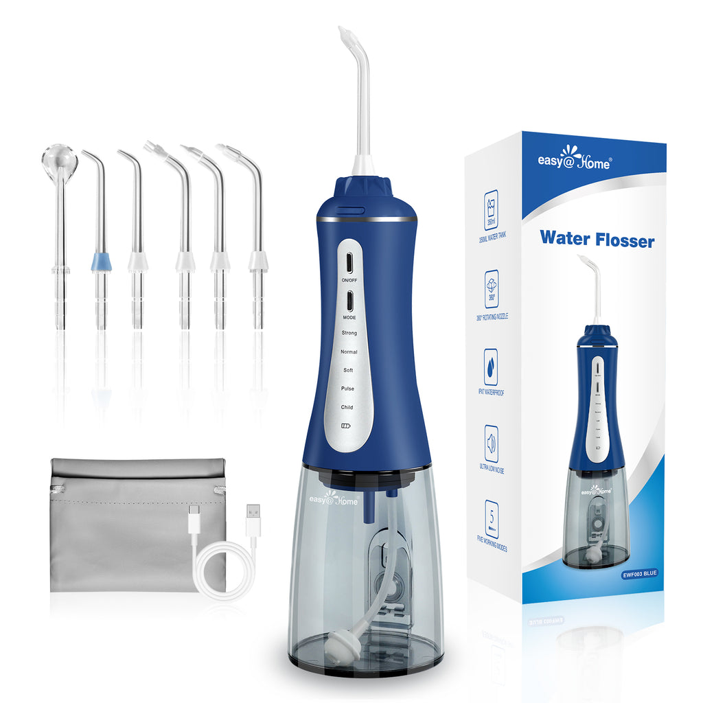 Cordless Water Flosser Teeth Cleaner: Portable 350ML Oral Irrigator with 5 DIY Modes 6 Replaceable Jet Tips for Family - IPX7 Waterproof USB Rechargeable Powerful Battery for Home&Travel EWF003 Blue