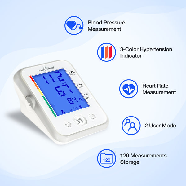 Large Cuff Easy@Home Digital Upper Arm Blood Pressure Monitor, 3-Color Hypertension Backlit Display & Pulse Meter-FDA Cleared for OTC, IHB Indicator, 2 User, FSA Eligible EBP-095L