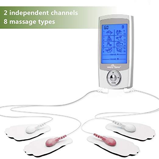 Easy@Home Rechargeable TENS Unit + EMS Muscle Stimulator, 2 Independent Channels, 20 Intensity Levels, 8 Massage Types+16 Modes, 510K Cleared FSA Eligible Handheld Electronic Pulse Massager, EHE029G-B