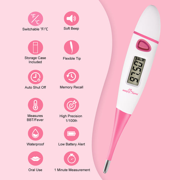 Easy@Home Basal Body Thermometer: BBT for Fertility Prediction with Memory Recall - Accurate Digital Basal Thermometer for Temperature Monitoring with Premom App - EBT-018 (Pink)