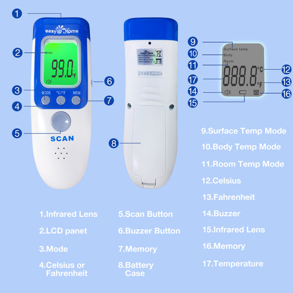 Easy@Home 3 in 1 Non-Contact Infrared Forehead Thermometer for Baby Adult and Child, NCT-301