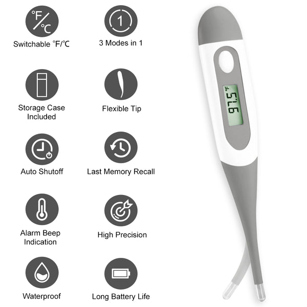 Easy@Home Digital Oral Thermometer for Kid, Baby, and Adult, Rectal and Underarm Body Temperature Measurement for Fever with Alarm EMT-021-Gray