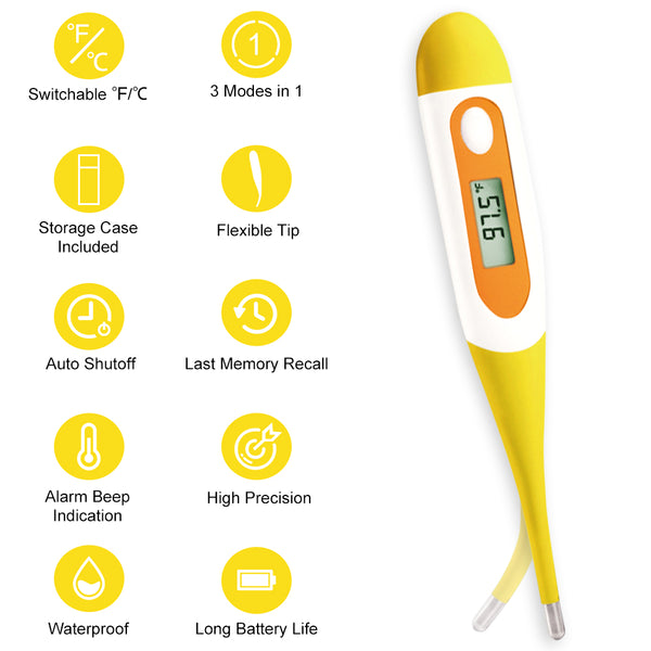 Digital Oral Thermometer for Adult and Kid, Easy@Home Body Temperature Thermometer with Fever Alarm，25 Seconds Fast Reading, EMT-021B-Yellow