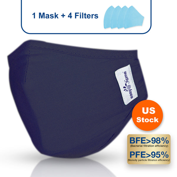 Face Mask, Washable and Reusable Cloth Mask with Filters, Personal Protection with Ear Loops for Home Use, Medium, Best for Children and Youth, Navy Blue (1 Mask+ 4 Filters)